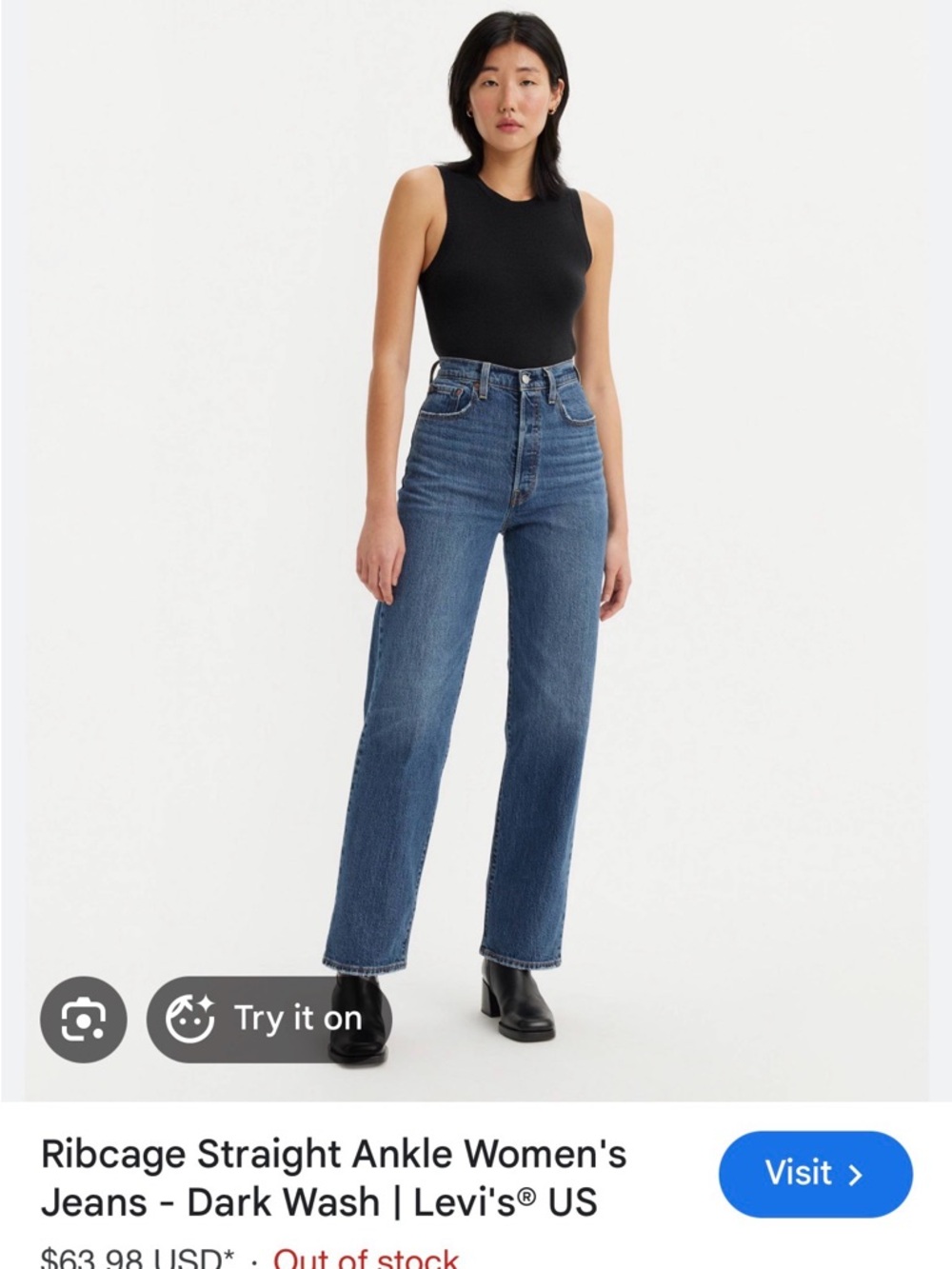 Levi's Ribcage Straight Ankle Jeans - Dark Wash sz29
